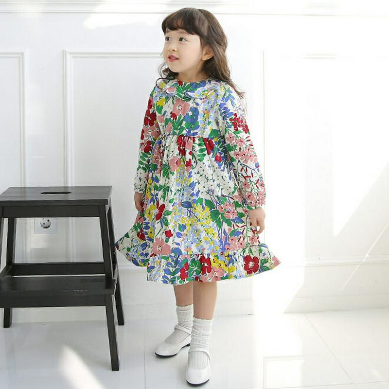 ラッフルカラーフローラルワンピース p002584 キッズ 【3~8才】【ops】【韓国 ファッション ワンピース ロング 膝下 ラウンドネック 長袖 フレア Aライン 花柄 ボタニカル 女の子 子供 子供服 小学生 ジュニア 春 秋】【KIDS】