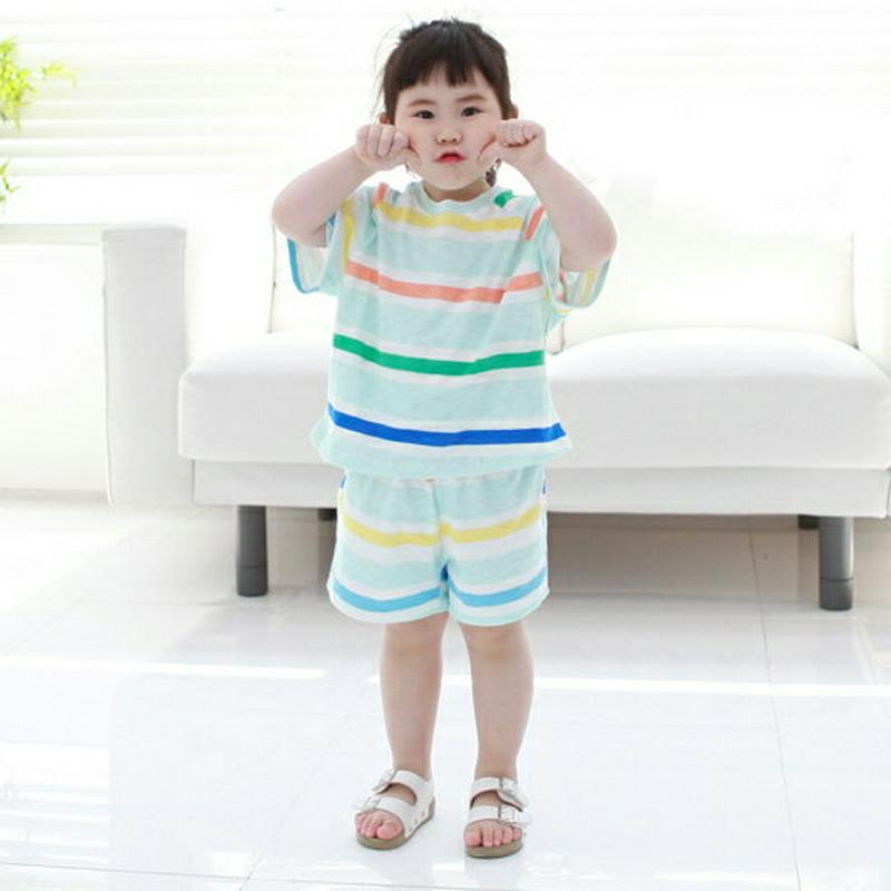 レインボー半袖Tシャツ上下SET p002569 キッズ 【3~8才】【SET】【セットアップ トップス Tシャツ カットソー 半袖 ハーフスリーブ ボーダー パンツ ショート ハーフ 半ズボン コットン100 子供 子供服 小学生 ジュニア 夏】【KIDS】