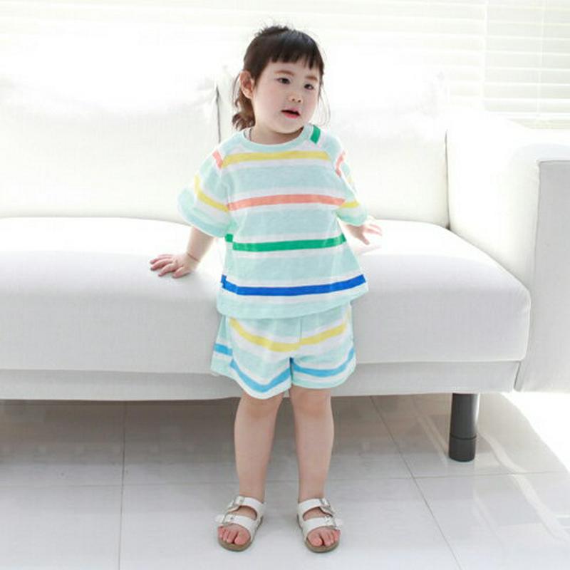 レインボー半袖Tシャツ上下SET p002569 キッズ 【3~8才】【SET】【セットアップ トップス Tシャツ カットソー 半袖 ハーフスリーブ ボーダー パンツ ショート ハーフ 半ズボン コットン100 子供 子供服 小学生 ジュニア 夏】【KIDS】