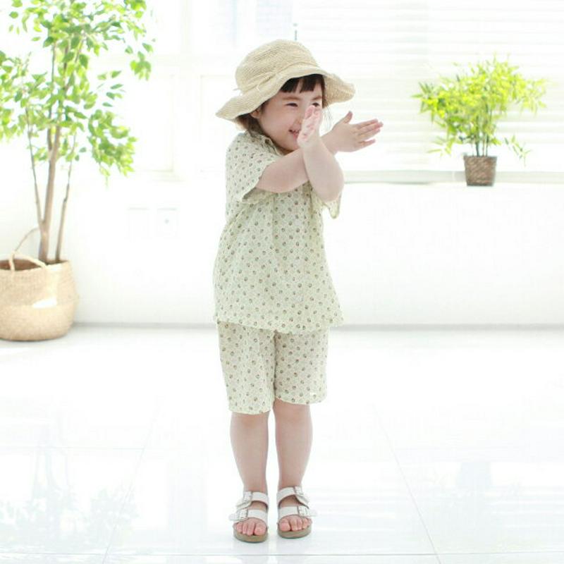 開襟花柄シャツ上下SET p002595 キッズ 【3~8才】【SET】【韓国 ファッション セットアップ シャツ 半袖 襟 オープンカラー パンツ ハーフ 膝丈 ウエストゴム 半ズボン 小花柄 部屋着 子供 子供服 小学生 ジュニア 夏】【KIDS】