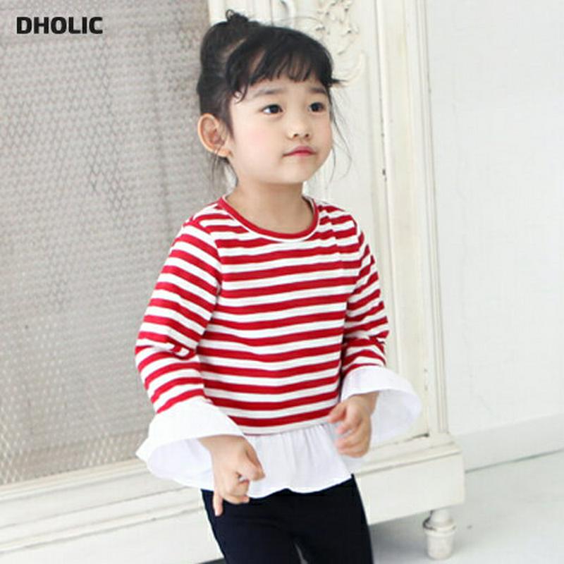 配色フレアヘムボーダーTシャツ p002676 キッズ 【3~8才】【tops】【韓国 ファッション トップス Tシャツ カットソー 長袖 ラウンドネック ルーズ ゆったり フレア フリル ボーダー 女の子 子供 子供服 小学生 ジュニア 春 秋】【KIDS】