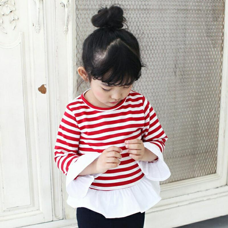 配色フレアヘムボーダーTシャツ p002676 キッズ 【3~8才】【tops】【韓国 ファッション トップス Tシャツ カットソー 長袖 ラウンドネック ルーズ ゆったり フレア フリル ボーダー 女の子 子供 子供服 小学生 ジュニア 春 秋】【KIDS】