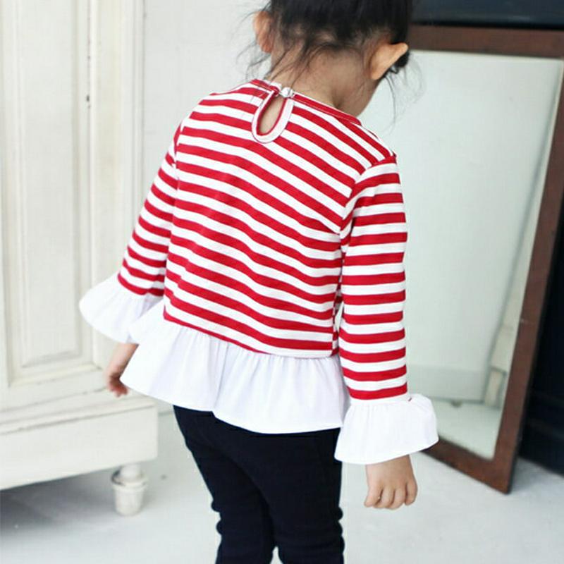 配色フレアヘムボーダーTシャツ p002676 キッズ 【3~8才】【tops】【韓国 ファッション トップス Tシャツ カットソー 長袖 ラウンドネック ルーズ ゆったり フレア フリル ボーダー 女の子 子供 子供服 小学生 ジュニア 春 秋】【KIDS】