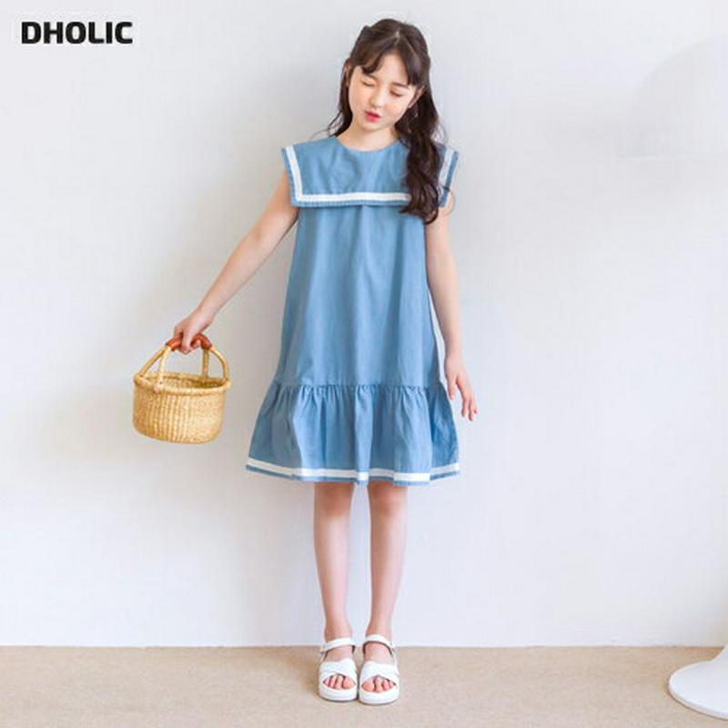 配色セーラーカラーデニムワンピース p002467 キッズ 【3~8才】【ops】【韓国 ファッション ワンピース ミディ丈 ミ