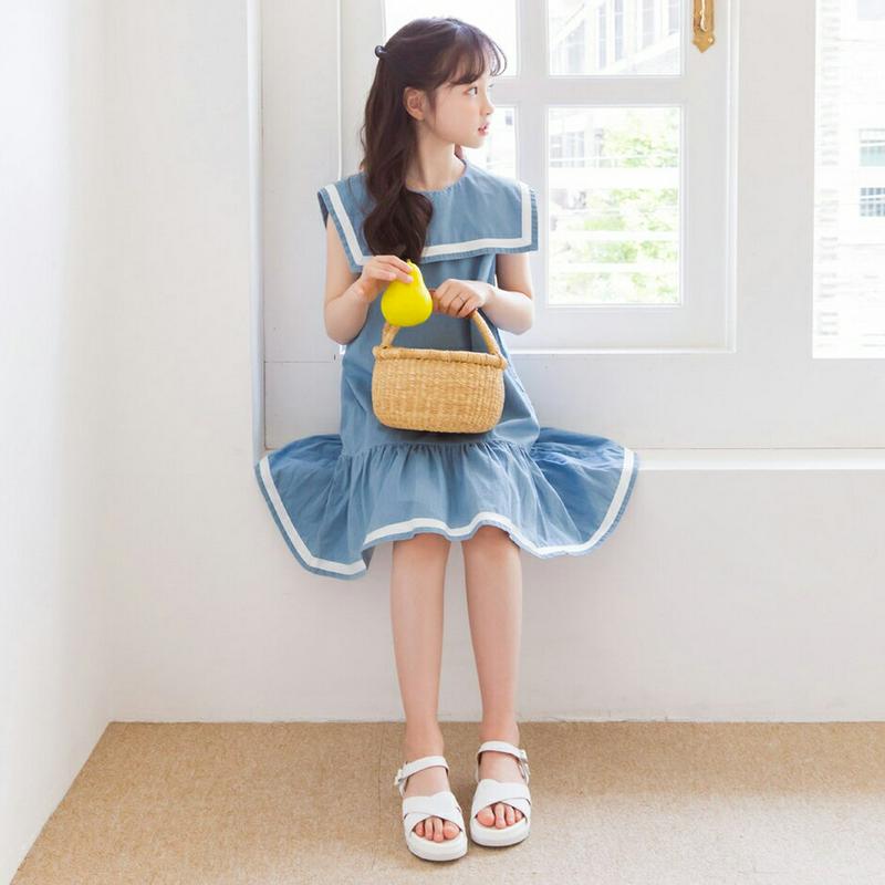 配色セーラーカラーデニムワンピース p002467 キッズ 【3~8才】【ops】【韓国 ファッション ワンピース ミディ丈 ミ