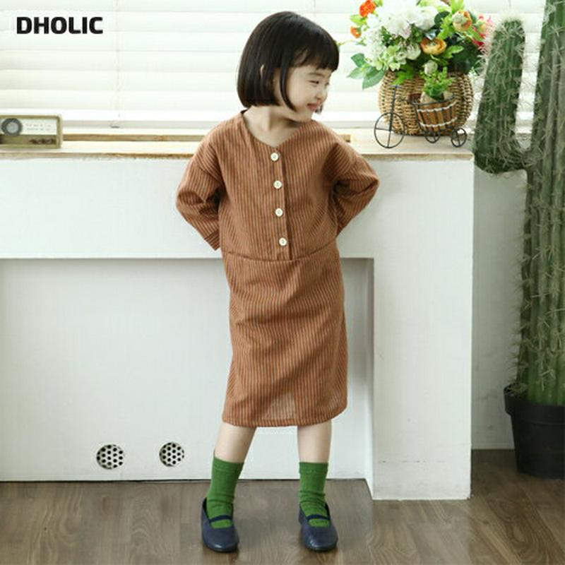 ストライプボタンワンピース・p002669 キッズ【3~8才】【ops】【ワンピース ミディ丈 ミディワンピース 長袖 ストライプ 柄 カジュアル 春 秋 女の子 韓国 韓国子供服 子供 こども 子供服 こども服】【KIDS】