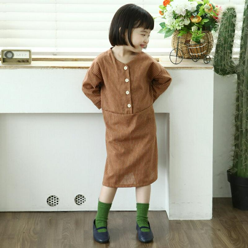 ストライプボタンワンピース・p002669 キッズ【3~8才】【ops】【ワンピース ミディ丈 ミディワンピース 長袖 ストライプ 柄 カジュアル 春 秋 女の子 韓国 韓国子供服 子供 こども 子供服 こども服】【KIDS】