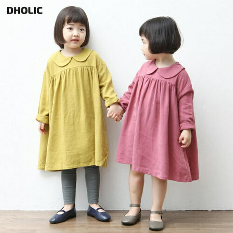 ラウンドカラーギャザーワンピース・p002672 キッズ【3~8才】【ops】【ワンピース ミディ丈 ミディワンピース 長袖 丸襟 ギャザー 単色 無地 シンプル ラフ ガーリー 女の子 春 秋 韓国 韓国子供服 子供 こども 子供服 こども服】【KIDS】