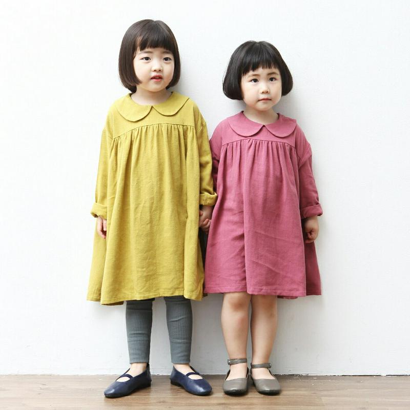 ラウンドカラーギャザーワンピース・p002672 キッズ【3~8才】【ops】【ワンピース ミディ丈 ミディワンピース 長袖 丸襟 ギャザー 単色 無地 シンプル ラフ ガーリー 女の子 春 秋 韓国 韓国子供服 子供 こども 子供服 こども服】【KIDS】