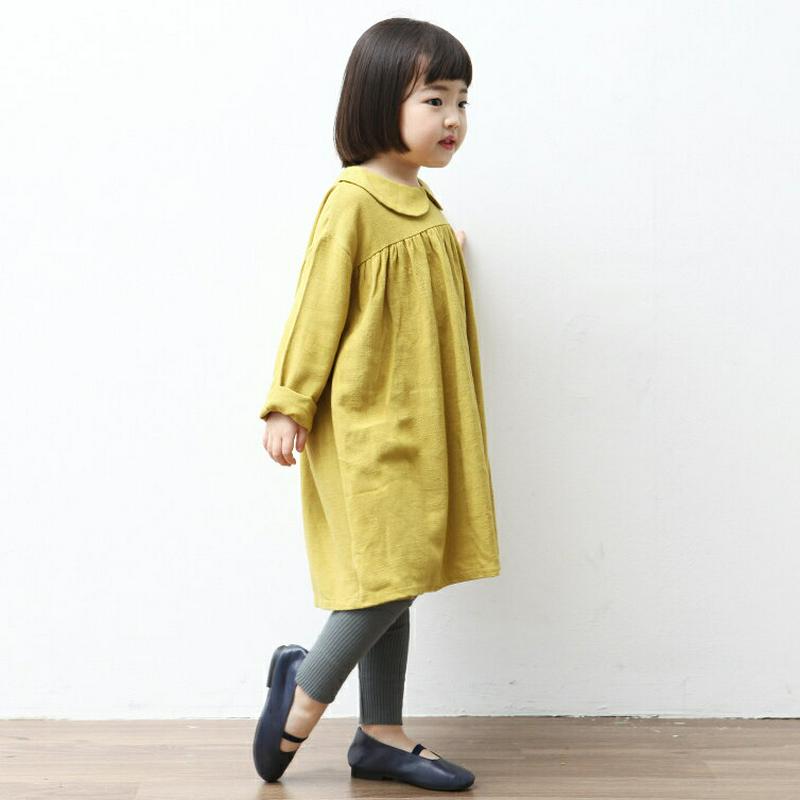 ラウンドカラーギャザーワンピース・p002672 キッズ【3~8才】【ops】【ワンピース ミディ丈 ミディワンピース 長袖 丸襟 ギャザー 単色 無地 シンプル ラフ ガーリー 女の子 春 秋 韓国 韓国子供服 子供 こども 子供服 こども服】【KIDS】