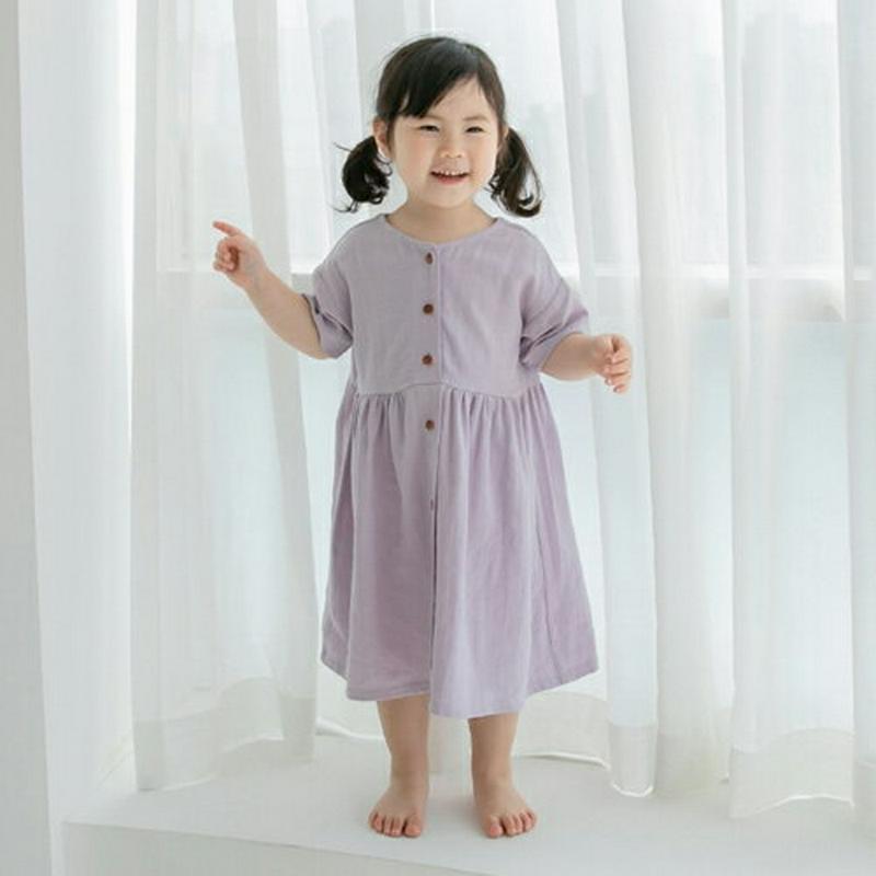 リネン混フロントボタンワンピース・p002576 キッズ【3~8才】【ops】【ワンピース ミディ丈 ミディワンピース 半袖 ハーフスリーブ 単色 無地 シンプル カジュアル 女の子 リネン 春 夏 韓国 韓国子供服 子供 こども 子供服 こども服】【KIDS】