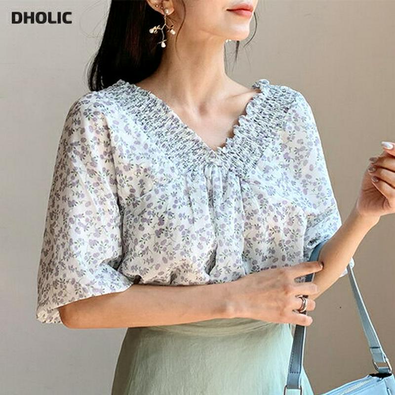 【新作10%OFF】シャーリングVネック花柄ブラウス・全3色・b59837 レディース【bl】【トップス ブラウス 半袖　ハーフ