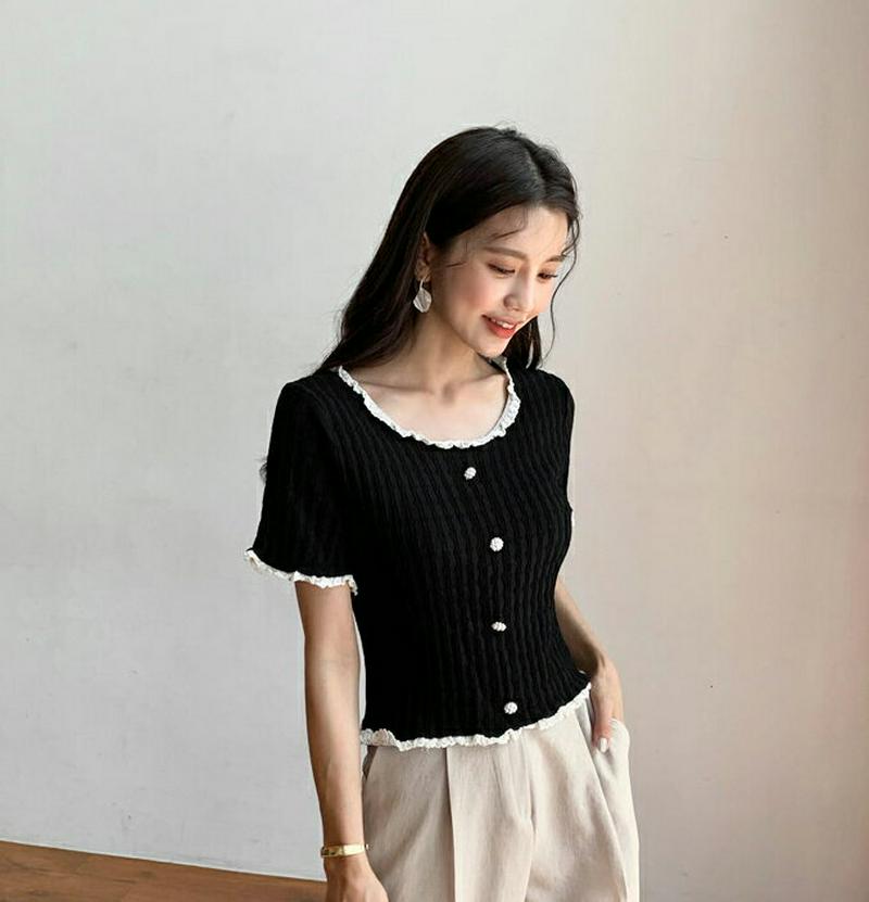 レースヘムビジューニット・全3色・t59828 レディース【tops】【韓国 ファッション トップス ニット ニットトップス ビジュー レース 半袖 ハーフスリーブ フェミニン クロップド丈 短丈 クロップド 春 夏】