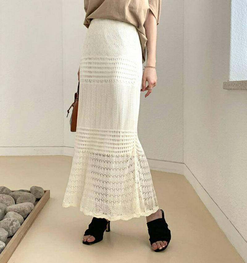パンチングニットスカート・全3色・t56296 レディース【pt】【韓国 ファッション スカート ロング ロングスカート パンチング パンチングニット カジュアル 透け 透けニット 透け感 シアー シースルー フェミニン 春 夏】