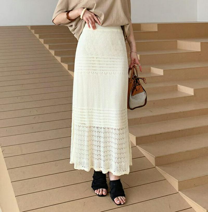 パンチングニットスカート・全3色・t56296 レディース【pt】【韓国 ファッション スカート ロング ロングスカート パンチング パンチングニット カジュアル 透け 透けニット 透け感 シアー シースルー フェミニン 春 夏】