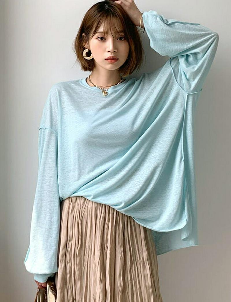 【新作10%OFF】リネン混ルーズスリットTシャツ・全4色・t56286 レディース【pt】【パンツ Tシャツ 長袖 ロンT ル
