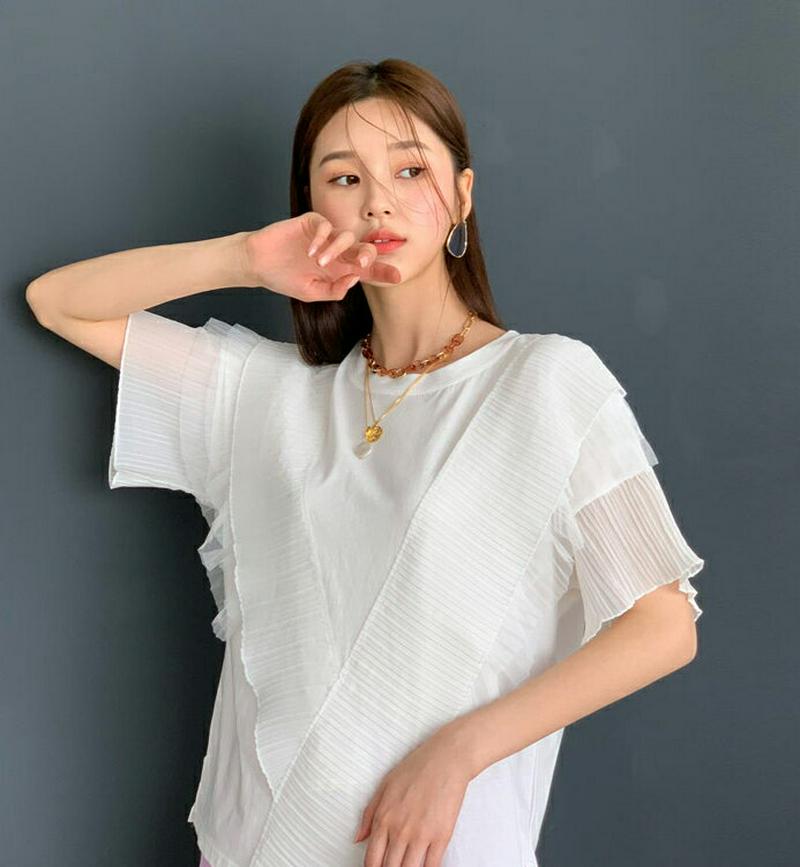 【新作10%OFF】プリーツディテールTシャツ・全2色・b56279 レディース【tops】【トップス Tシャツ 半袖 ハーフス