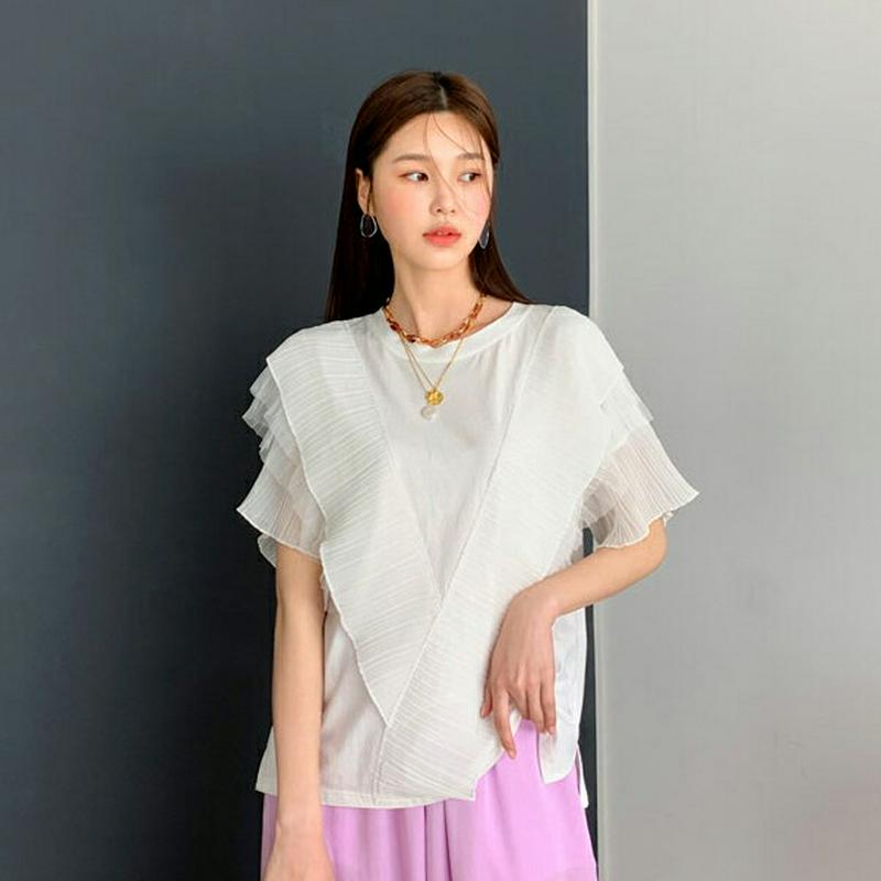 【新作10%OFF】プリーツディテールTシャツ・全2色・b56279 レディース【tops】【トップス Tシャツ 半袖 ハーフス