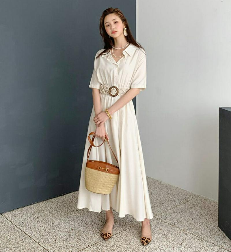 【10%OFF】≪人気商品再入荷≫フレアシャツワンピース・全2色・b56275 レディース【ops】 韓国ファッション ワンピース ロングワンピース 半袖 ハーフスリーブ フレア フレアワンピース シャツワンピース 単色 大人 Aライン 春 夏 opsセール