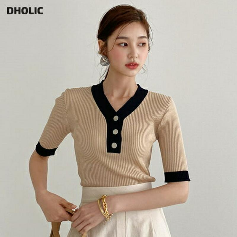 【新作10%OFF】Vネックリブボタン配色ニット・全2色・b56281 レディース【tops】【トップス ニット ニットトップス