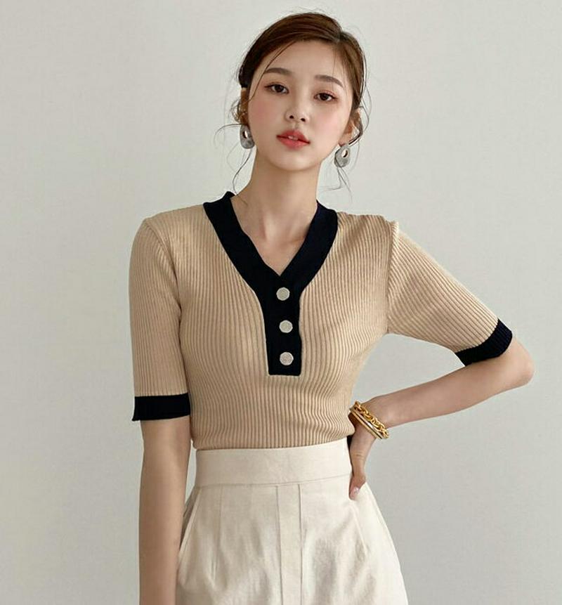 【新作10%OFF】Vネックリブボタン配色ニット・全2色・b56281 レディース【tops】【トップス ニット ニットトップス