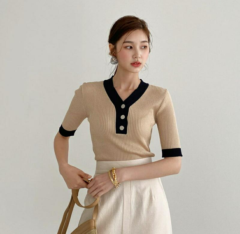 【新作10%OFF】Vネックリブボタン配色ニット・全2色・b56281 レディース【tops】【トップス ニット ニットトップス