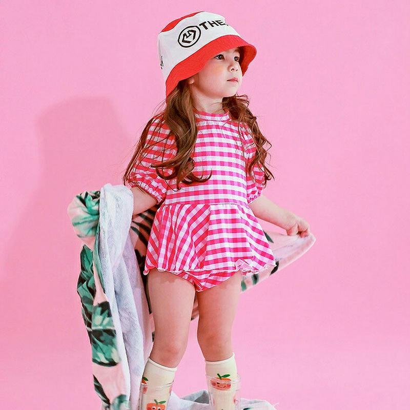 チェックフリルスカート水着・p003122 キッズ【3~8才】【bw】【水着 ビーチウェア スイムウェア フリル スカート チェック柄 チェック ギンガムチェック 半袖 可愛い かわいい 女の子 夏 韓国 韓国子供服 子供 こども 子供服 こども服】【KIDS】