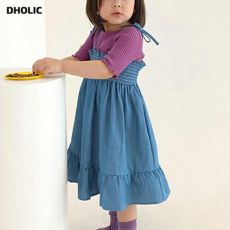 【新作10%OFF】シャーリングデニムワンピース・u02964 キッズ【3~8才】【ops】【ワンピース ロング ロングワンピー