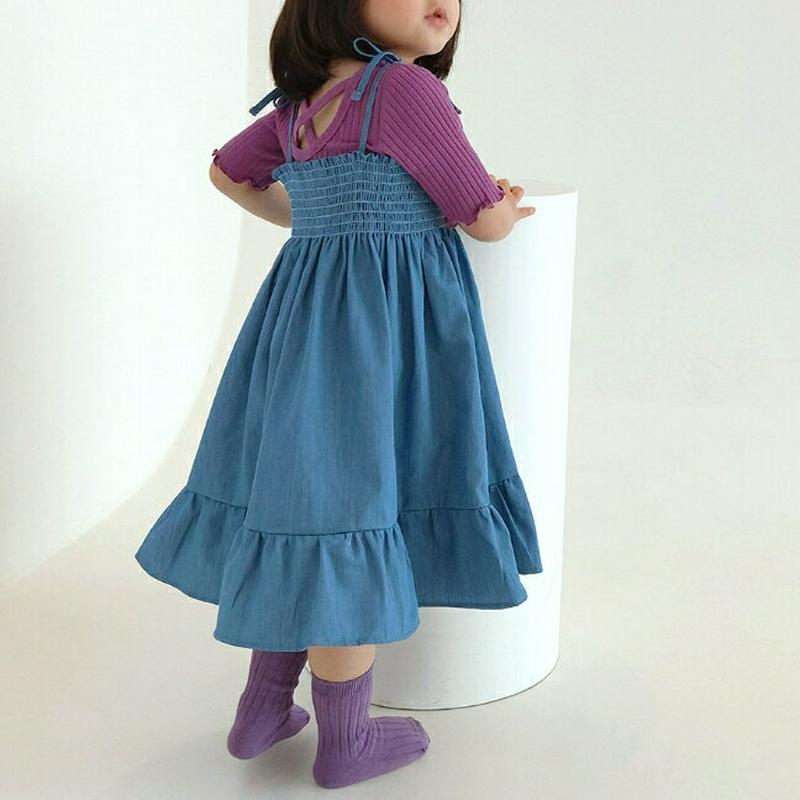 【新作10%OFF】シャーリングデニムワンピース・u02964 キッズ【3~8才】【ops】【ワンピース ロング ロングワンピー