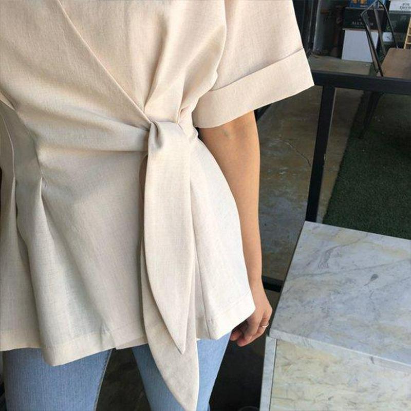 V-neck Linen Include Flare Tops