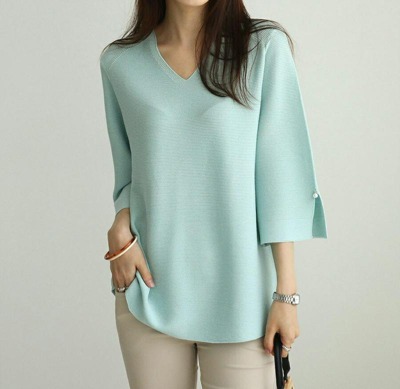 パールスリーブVネックニット・全4色・b62655 レディース【tops】【トップス ニット ニットトップス Vネック パールボ