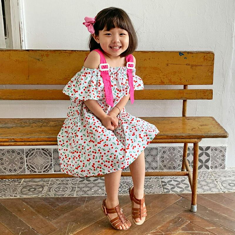 【キッズ全商品10%OFF】バックルストラップチェリー柄ワンピース・u03231 キッズ【3~8才】【ops】【ワンピース ロン