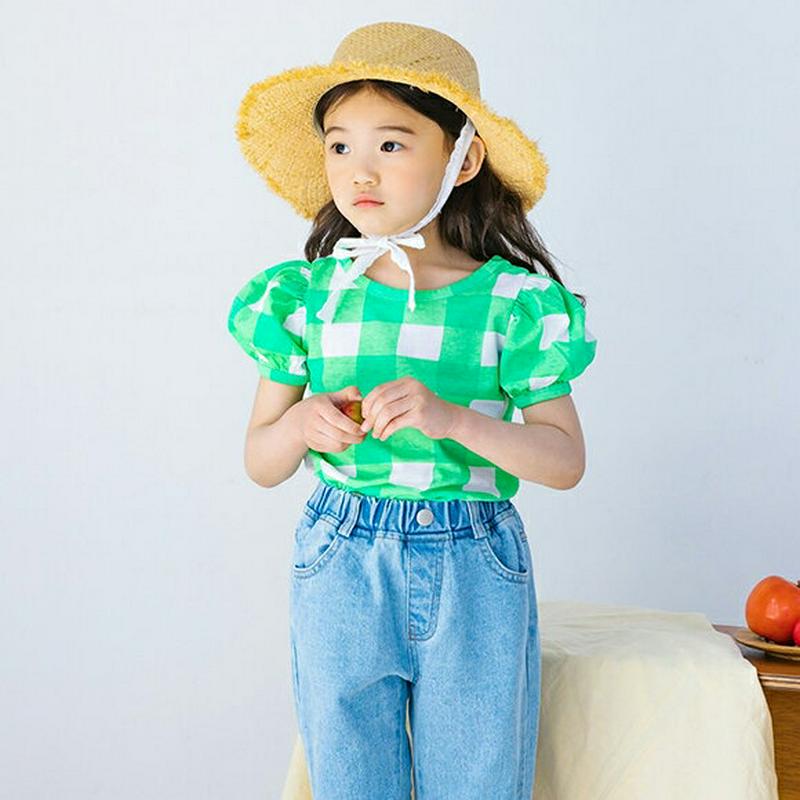 【キッズ全商品10%OFF】パフスリーブチェックTシャツ・u03378 キッズ【3~8才】【tops】【トップス Tシャツ 半袖