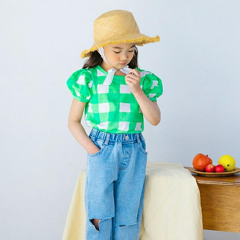 【キッズ全商品10%OFF】パフスリーブチェックTシャツ・u03378 キッズ【3~8才】【tops】【トップス Tシャツ 半袖