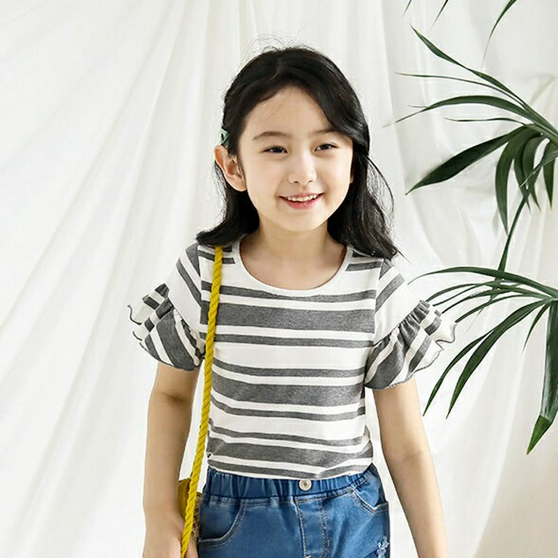 【キッズ全商品10%OFF】フリルスリーブボーダーTシャツ p003447・キッズ 【3~8才】【tops】【韓国 ファッション