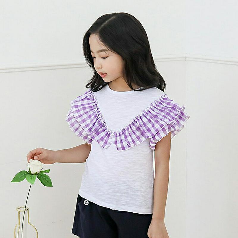 【キッズ全商品10%OFF】チェックフリルTシャツ p003413・キッズ 【3~8才】【tops】【韓国 ファッション トップ