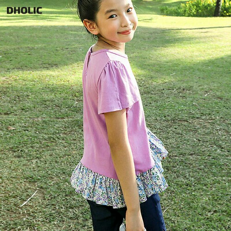 【キッズ全商品10%OFF】フラワーフリルヘムTシャツ p003412・キッズ 【3~8才】【tops】【韓国 ファッション ト
