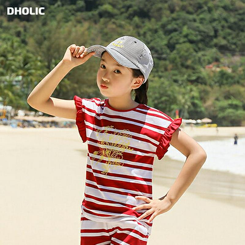 【キッズ全商品10%OFF】袖フリルフラワーボーダーTシャツ p003441・キッズ 【3~8才】【tops】【韓国 ファッショ