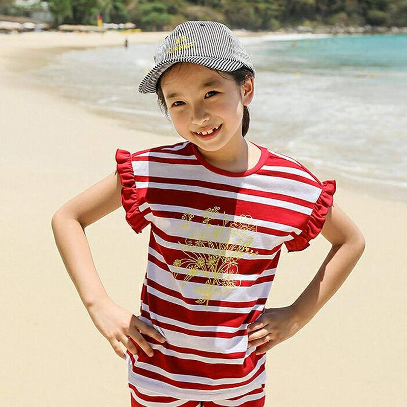 【キッズ全商品10%OFF】袖フリルフラワーボーダーTシャツ p003441・キッズ 【3~8才】【tops】【韓国 ファッショ