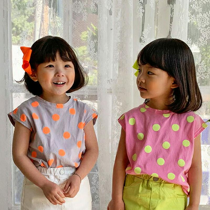 【キッズ全商品10%OFF】フレンチスリーブ配色ドットTシャツ u03262・キッズ 【3~8才】【tops】【韓国 ファッショ