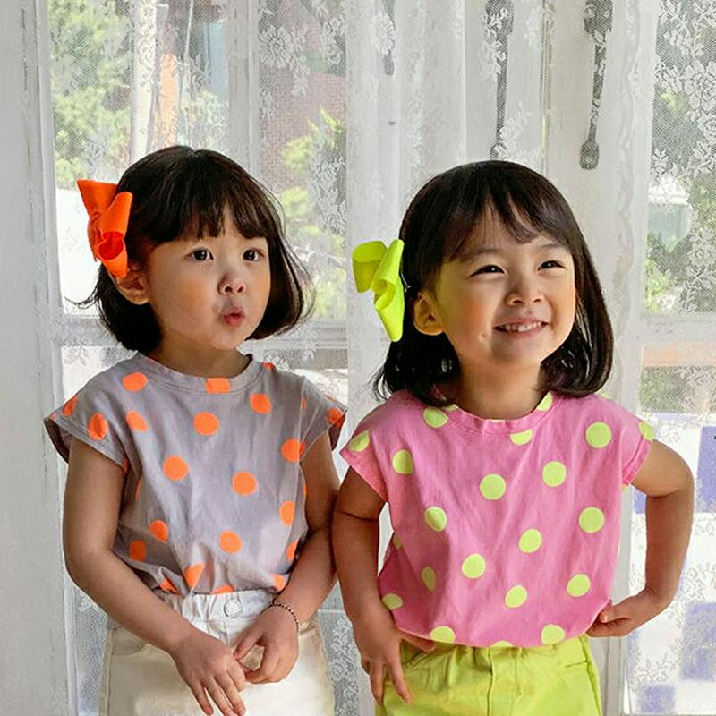 【キッズ全商品10%OFF】フレンチスリーブ配色ドットTシャツ u03262・キッズ 【3~8才】【tops】【韓国 ファッショ