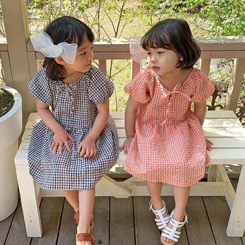 【キッズ全商品10%OFF】リボンネックチェック柄ワンピース u03235・キッズ 【3~8才】【ops】【韓国 ファッション 