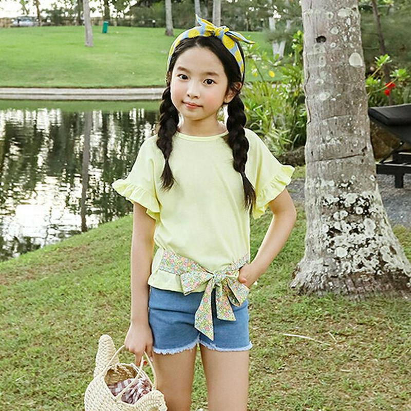 【キッズ全商品10%OFF】パターンリボンヘムフリルTシャツ p003406・キッズ 【3~8才】【tops】【韓国 ファッショ