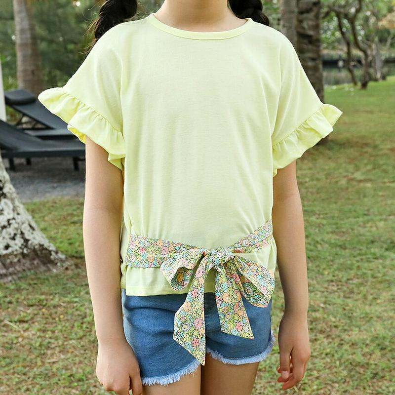 【キッズ全商品10%OFF】パターンリボンヘムフリルTシャツ p003406・キッズ 【3~8才】【tops】【韓国 ファッショ