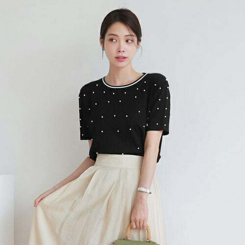 【新作10%OFF】配色ネックパールニット・全2色・b62789 レディース【tops】【トップス ニット ニットトップス 半袖