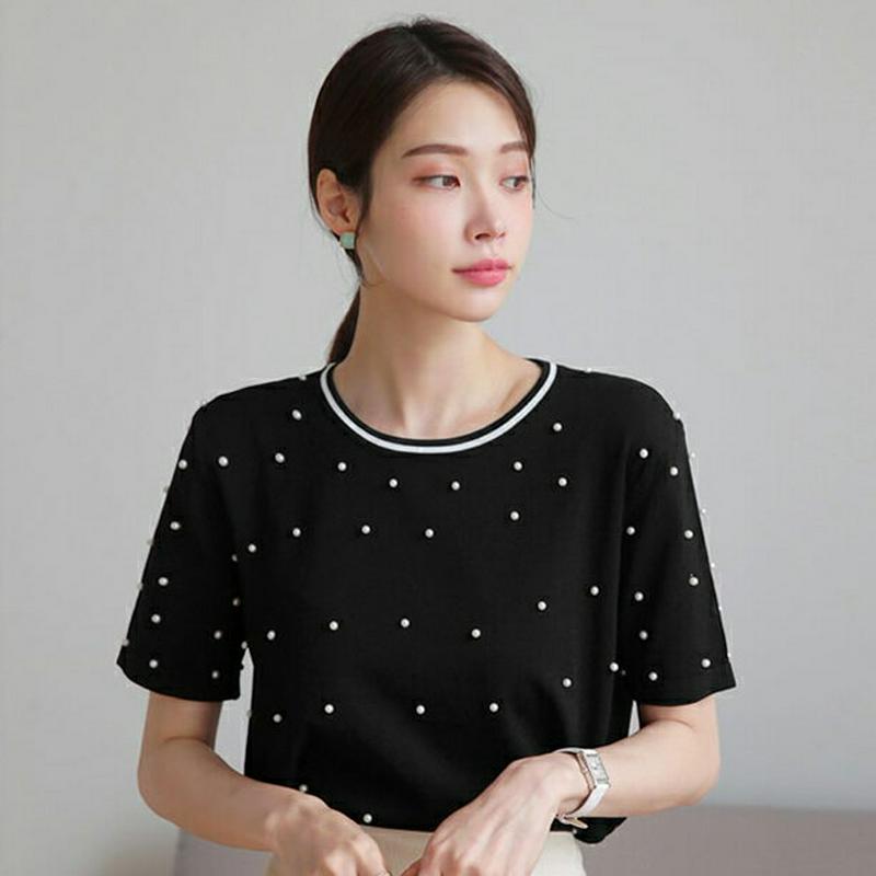 【新作10%OFF】配色ネックパールニット・全2色・b62789 レディース【tops】【トップス ニット ニットトップス 半袖