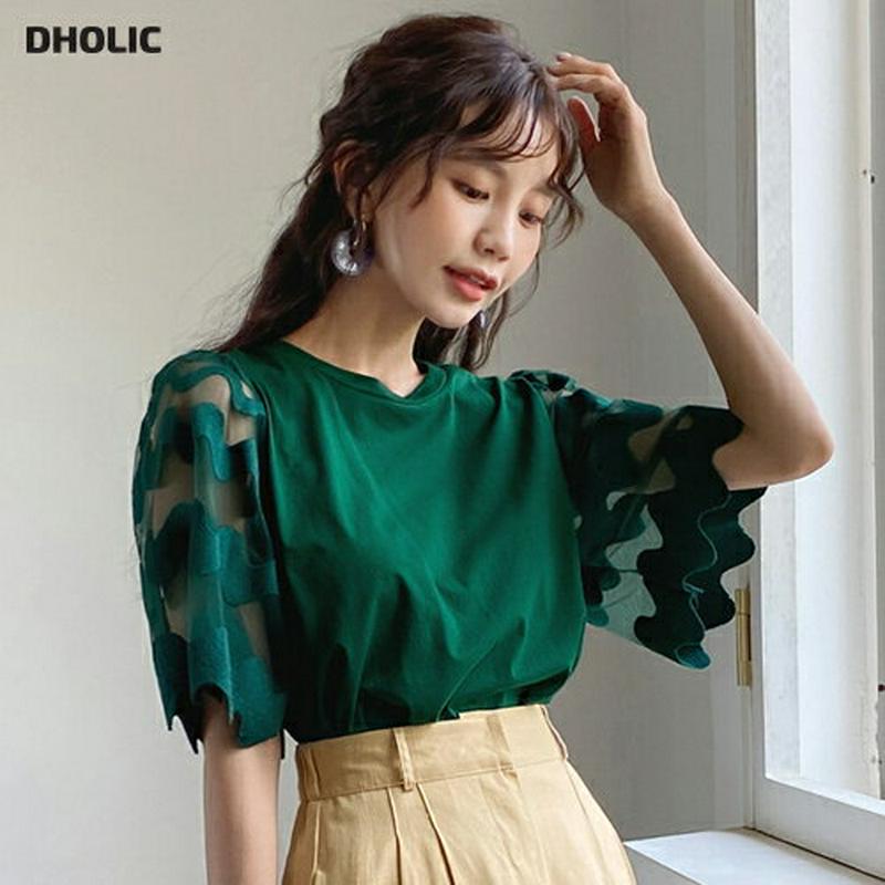 ウェーブシアースリーブTシャツ・全3色・b56267 レディース【tops】【トップス Tシャツ 半袖　ハーフスリーブ 透け感 