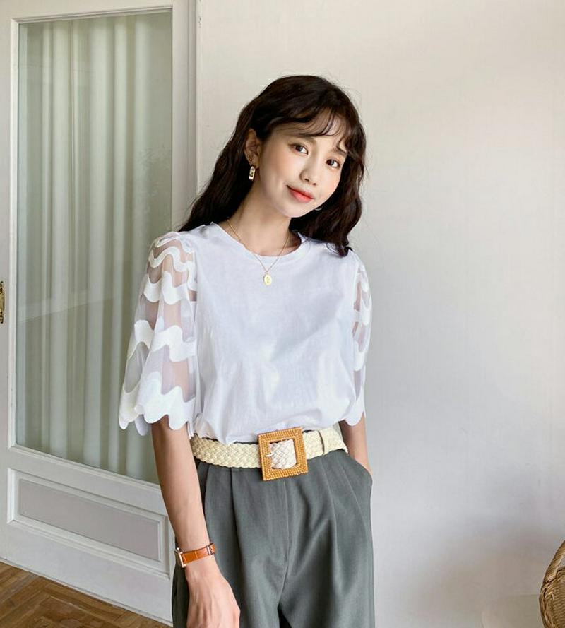 ウェーブシアースリーブTシャツ・全3色・b56267 レディース【tops】【トップス Tシャツ 半袖　ハーフスリーブ 透け感 