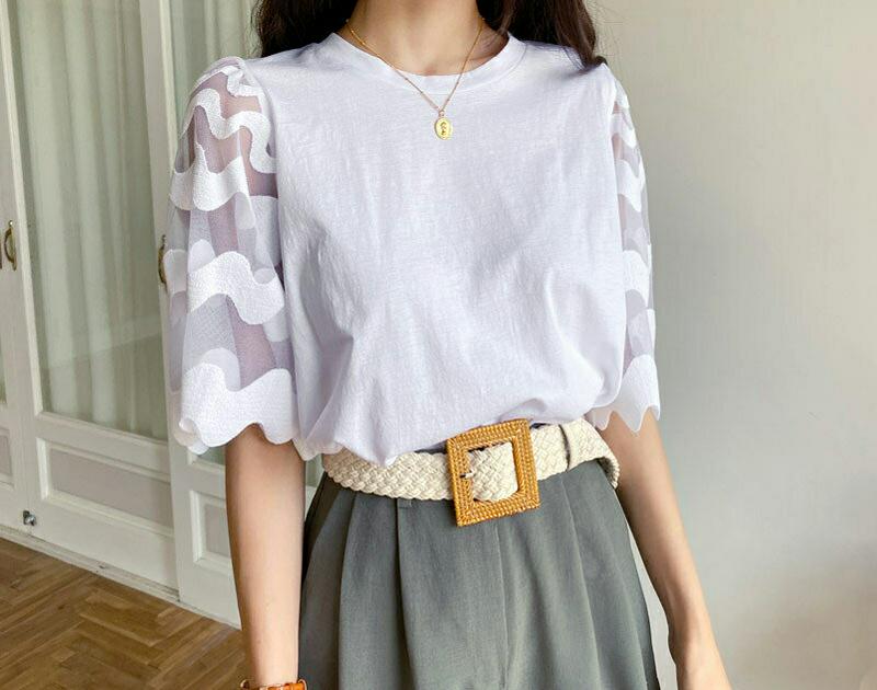 ウェーブシアースリーブTシャツ・全3色・b56267 レディース【tops】【トップス Tシャツ 半袖　ハーフスリーブ 透け感 