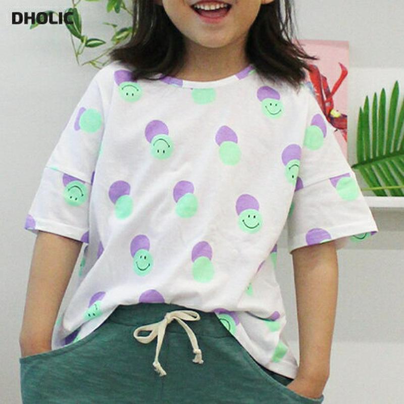 ドットスマイルプリントTシャツ(ホワイト) p003243 キッズ 【3~8才】【tops】【韓国 ファッション トップス Tシ